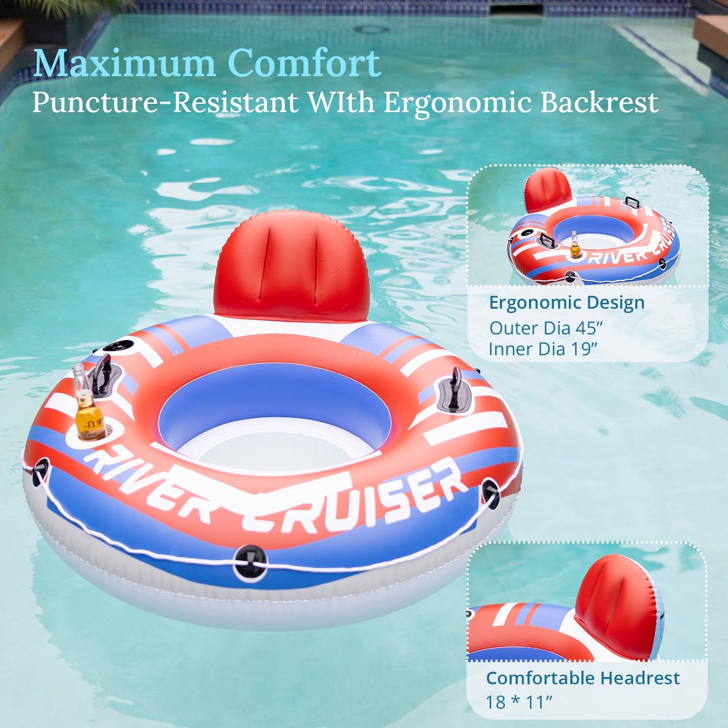 Sunrio 2-Pack New & Red Pool Floats River Tube With Mesh Bottom, Backrest & Cup Holder Giant Floaties For Adults Fashion Pool Fl