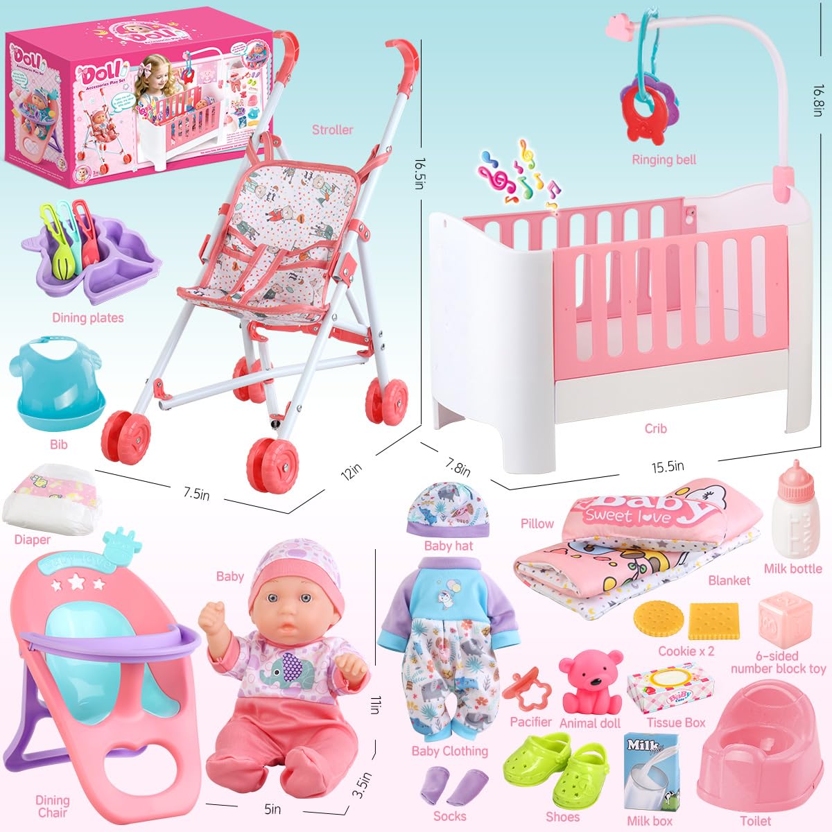 Baby Doll Crib And Stroller Accessories Play Set With 11 Baby Doll,Dining Chair,24 Pcs Dolls Accessories And 2 Sets Clothes,Real