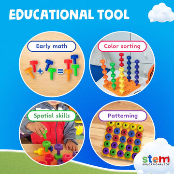 Skoolzy Peg Board Set - Montessori Toys for 2+ Year Old - 33 Pieces - Colorful Plastic Pegs, Dice, Lacing String, Storage Bag