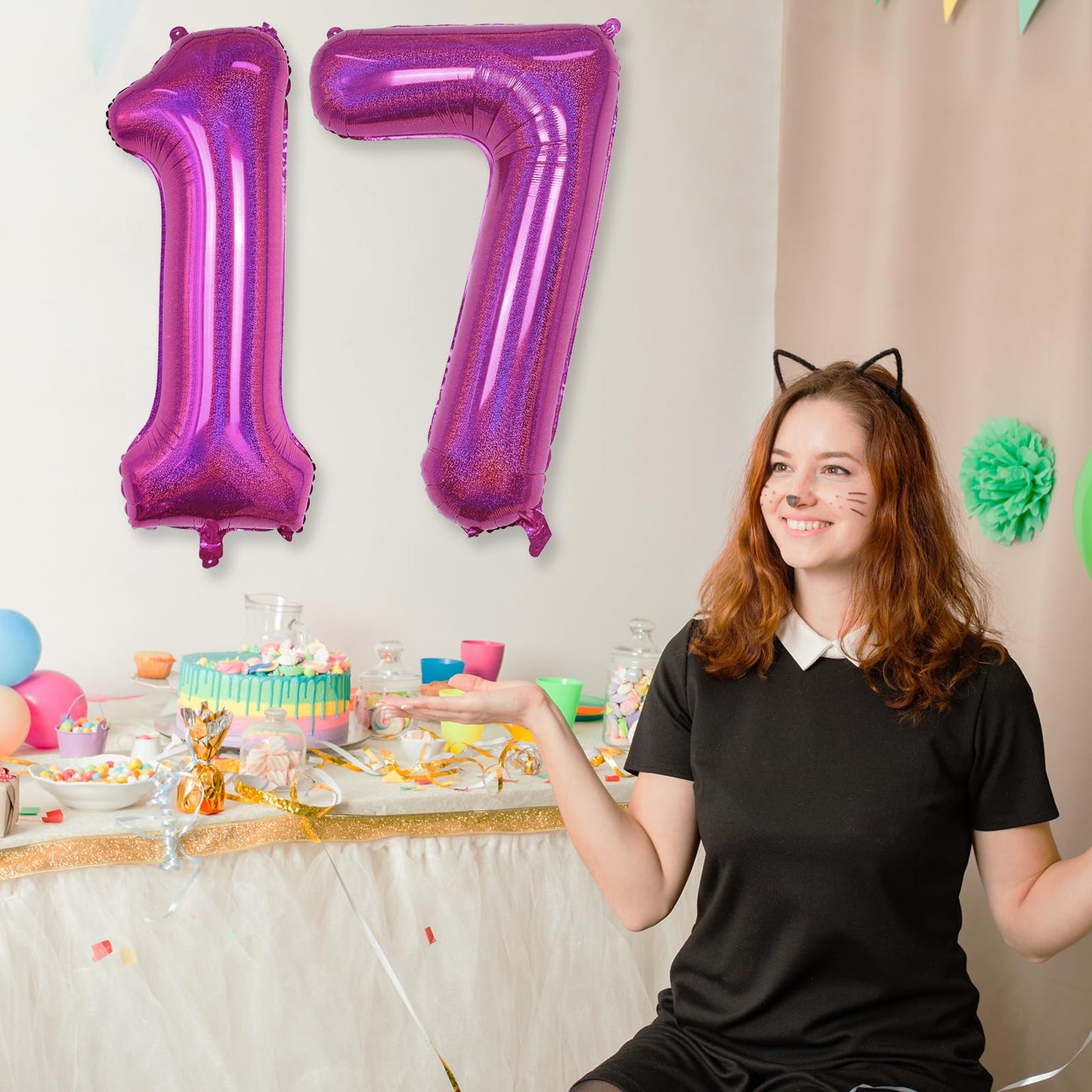 Number 17 Balloons Laser Hot Pink, 17Th Birthday Foil 40 Inch Balloon Number Bright Pink Decor, Big Self Inflating Helium Mylar