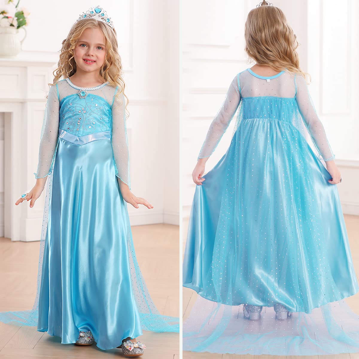 Luzlen Snow Princess Costume For Toddler Girls Kids Blue Princess Dress Up With Wig Halloween Birthday Cosplay Outfits, 6-7Y(Tag 140)
