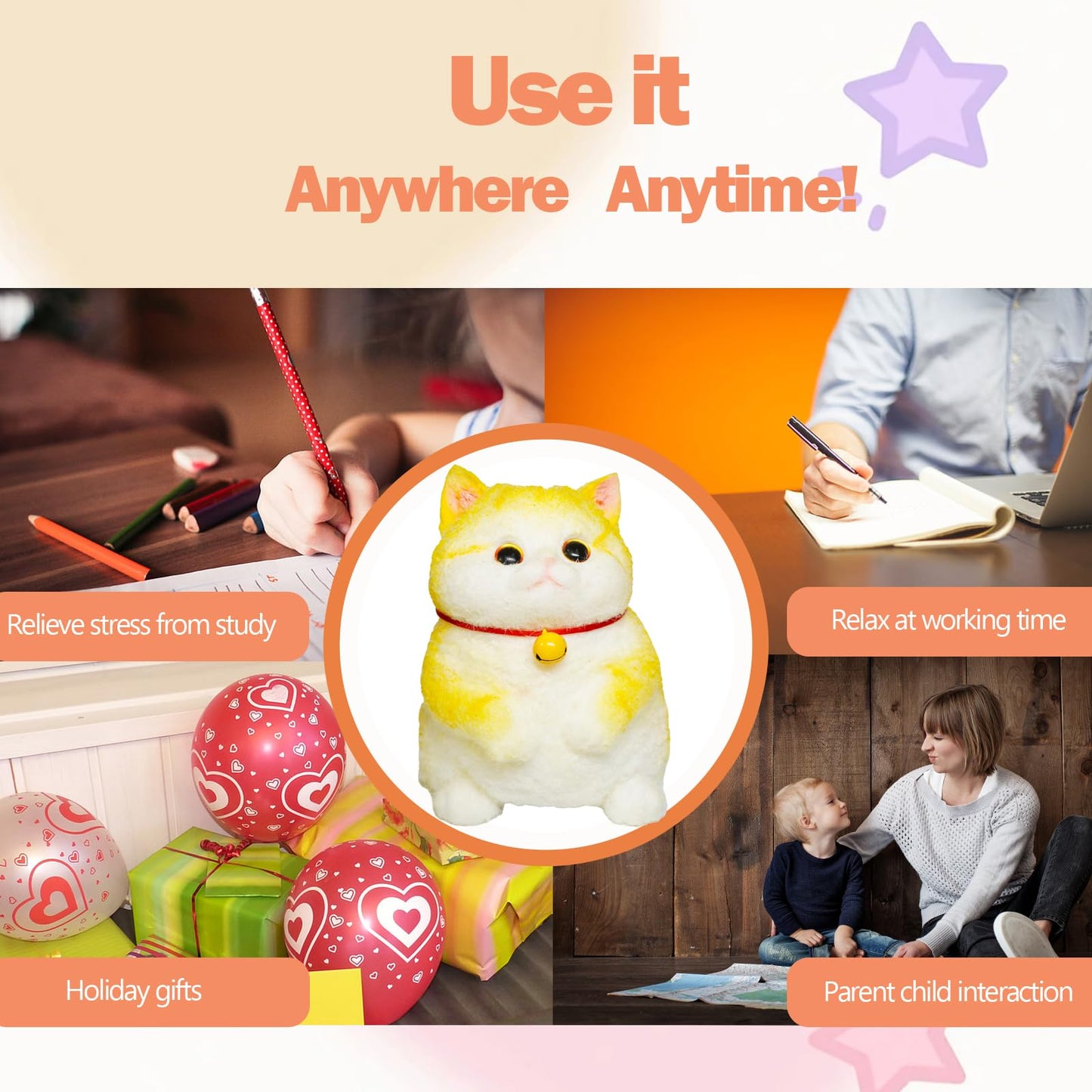 Taba Giant Cat Squishy for Kids Adults, Big Furry Cat Squishy Toys for Stress Relief, Super Soft Squeeze Fidget Toy (Golden Shad