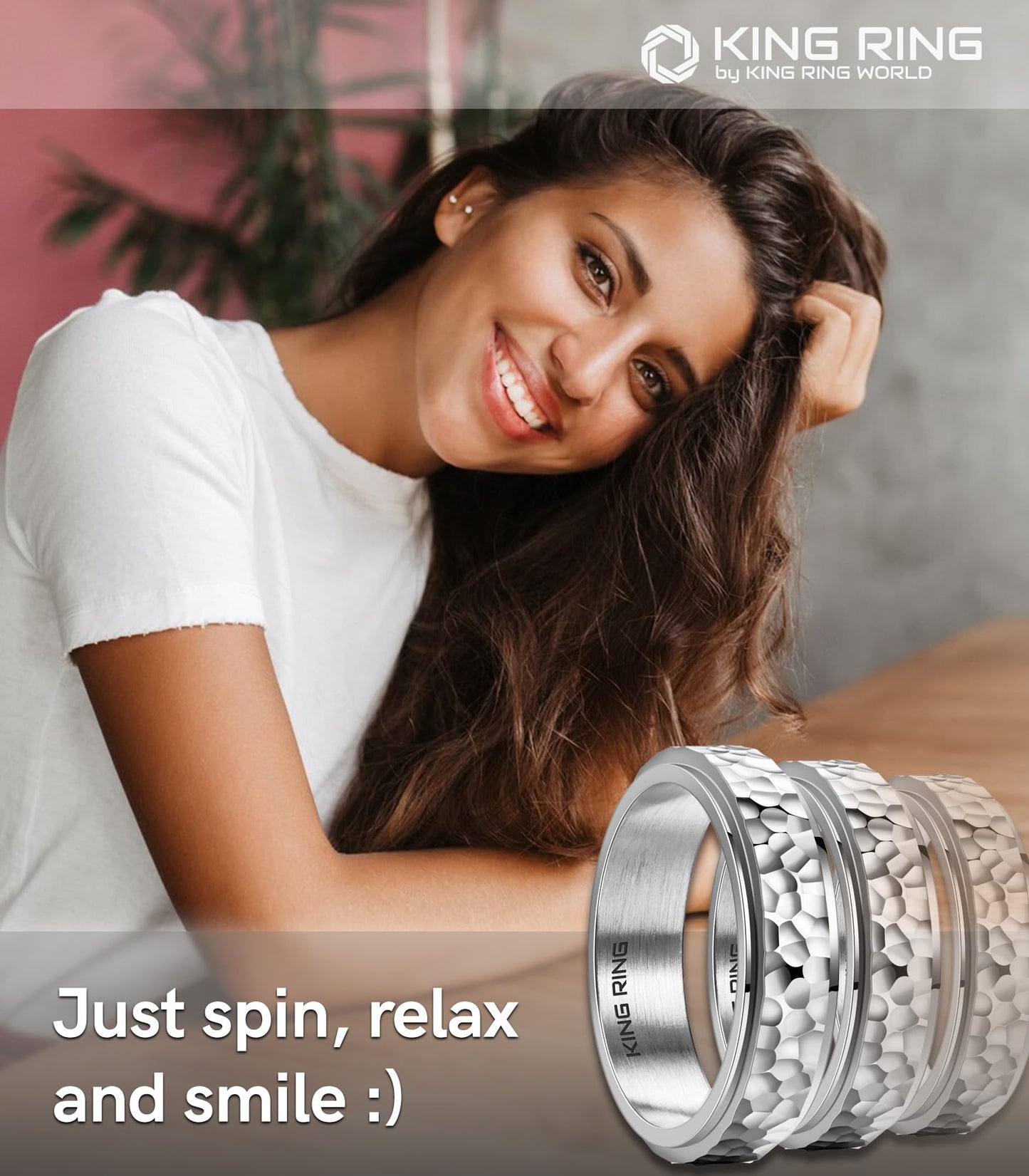 King Ring 6mm Spinner Hammered Ring - Stress Relief Fidget Ring for Men & Women K39V2 - Silver 06