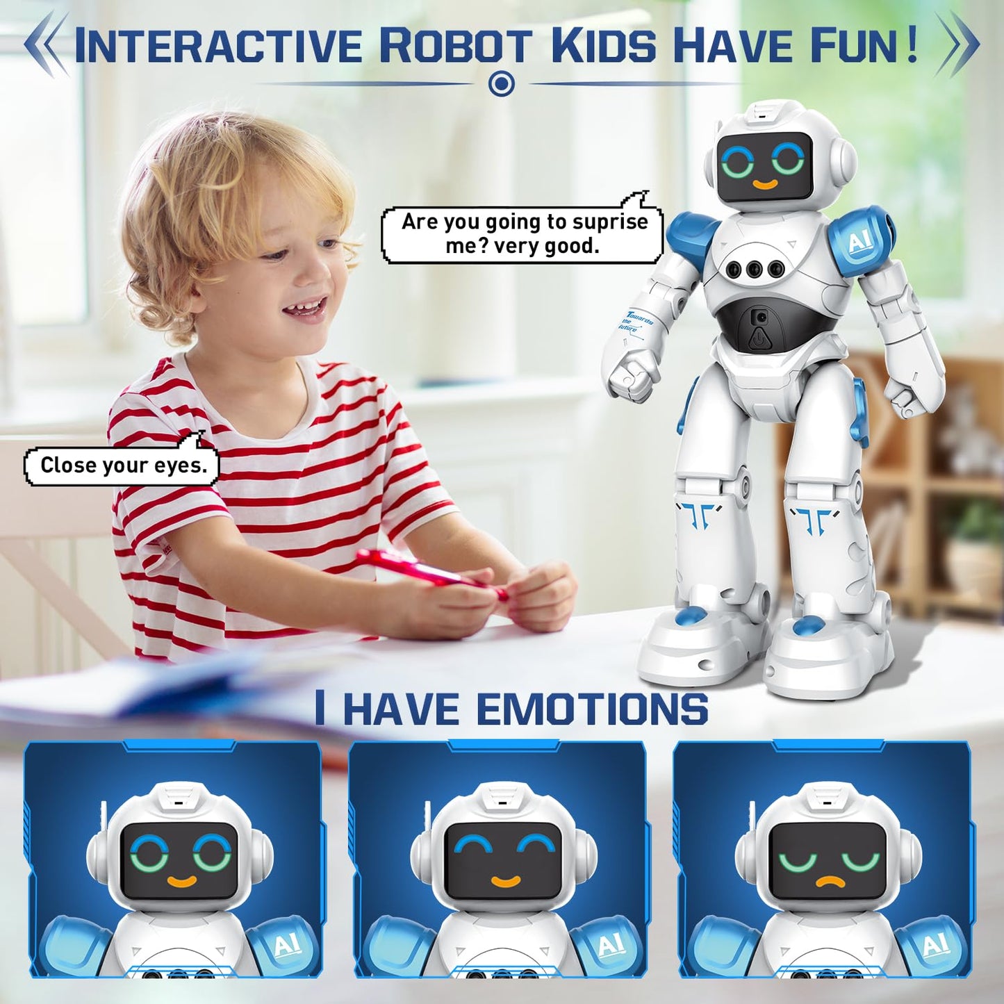 Robot Toys for Kids - Smart Talking Voice Remote Control Robot, Gesture Sensing Programmable Emo Robot Toy for Age 3 4 5 6 7 8 Y