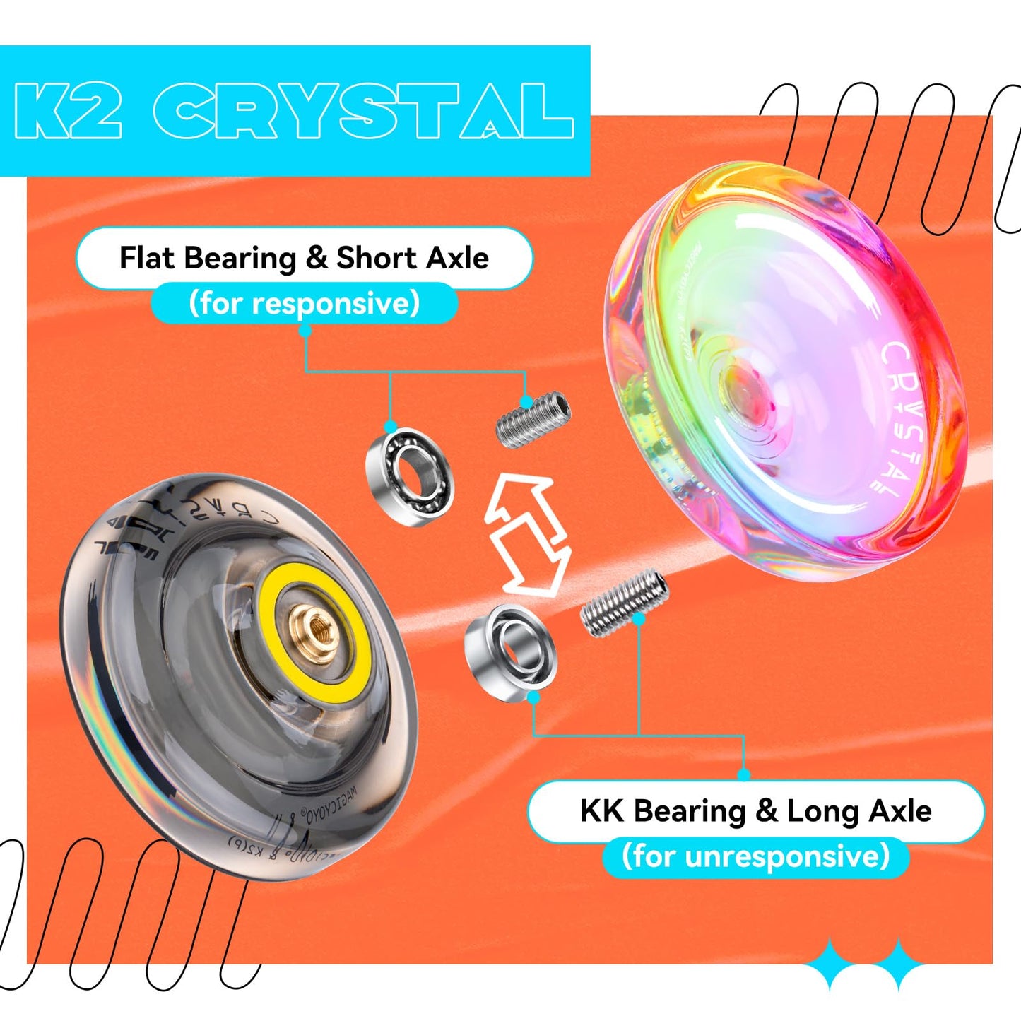 Responsive Yoyo For Kids, K2 Crystal Yoyo Pack Of 2, Dual Purpose Plastic Yoyo Professional With Unresponsive Yoyo Bearing + 12 Yoyo Strings, Yoyo Storage Case, Bearing Removal Tool (Gradient + Black)