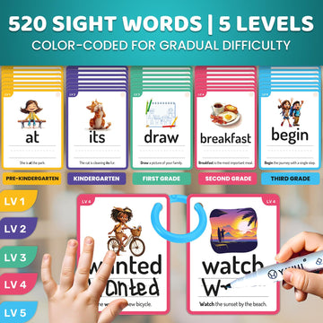 Quokka 520 Sight Words Flash Cards For Kids - 5 Levels From Pre-K To 3Rd Grade | Bold Font & Jumbo Size, Dry Erase, Reusable Cards Color-Coded With Rings For Sorting | Based On Dolch & Fry Word Lists