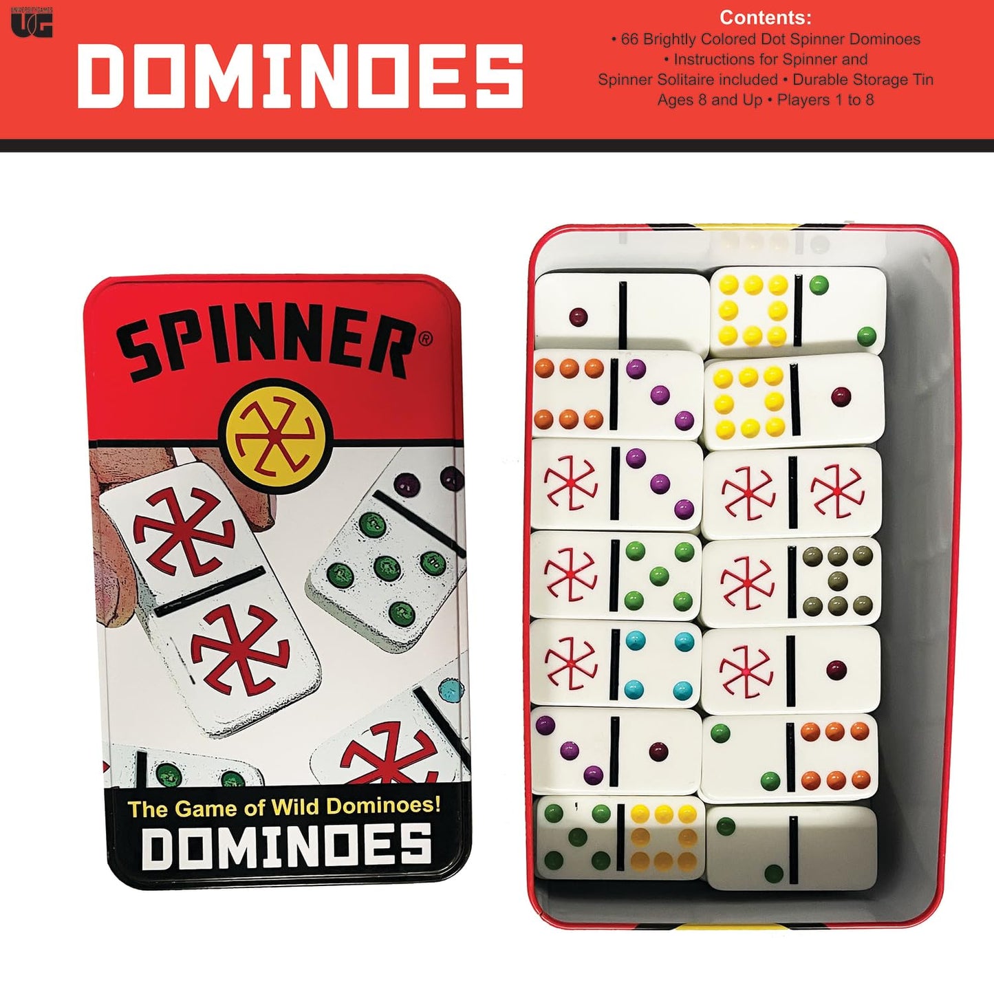 Front Porch Classics, Spinner Colored Dot Dominoes Set, On-The-Go Travel Storage Tin 2 To 8 Players Ages 8 To 99