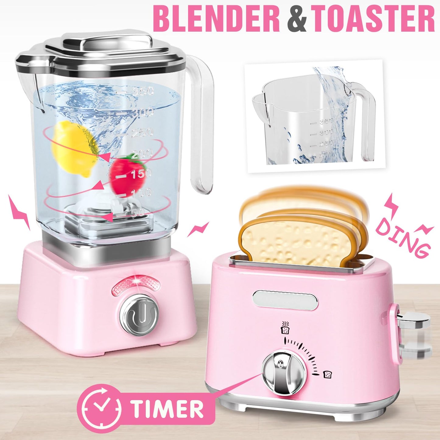 B Bascolor Pretend Play Kitchen Appliances Toy Set with Realistic Coffee Maker Machine, Toaster, Mixer and Blender, Kids Kitchen