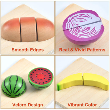 WHOHOLL Wooden Play Food for Kids Kitchen Playset, Play Kitchen Accessories Pretend Cutting Food Montessori Toys for 2+ Year Old