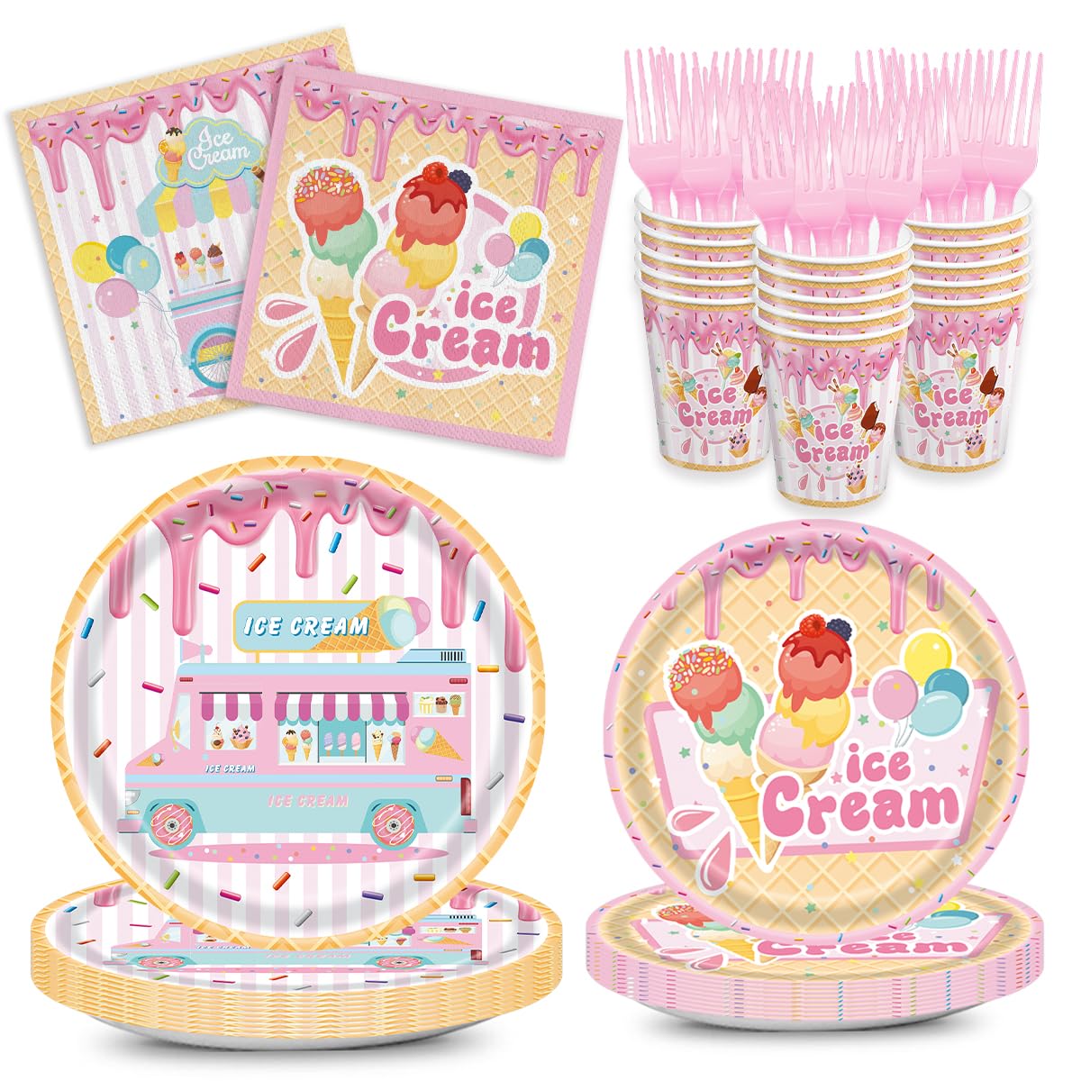 Ice Cream Party Supplies Summer Birthday Disposable Tableware Set Pink Plates Napkins Cups Birthday Party Dinnerware For 24 Gues