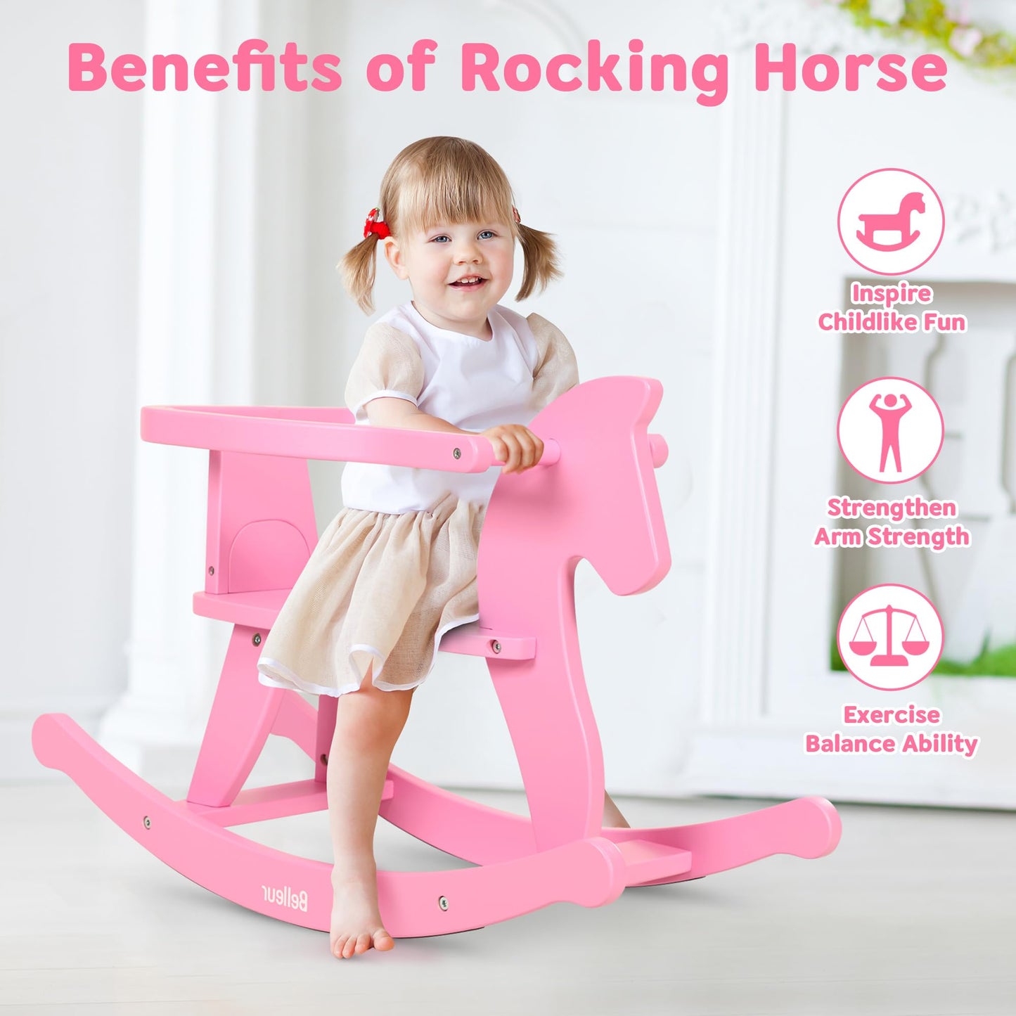 Belleur Wooden Rocking Horse For Toddler 1-3 Year Old, Baby Wood Ride-On Toys With Removable Fence For Indoor & Outdoor Activiti