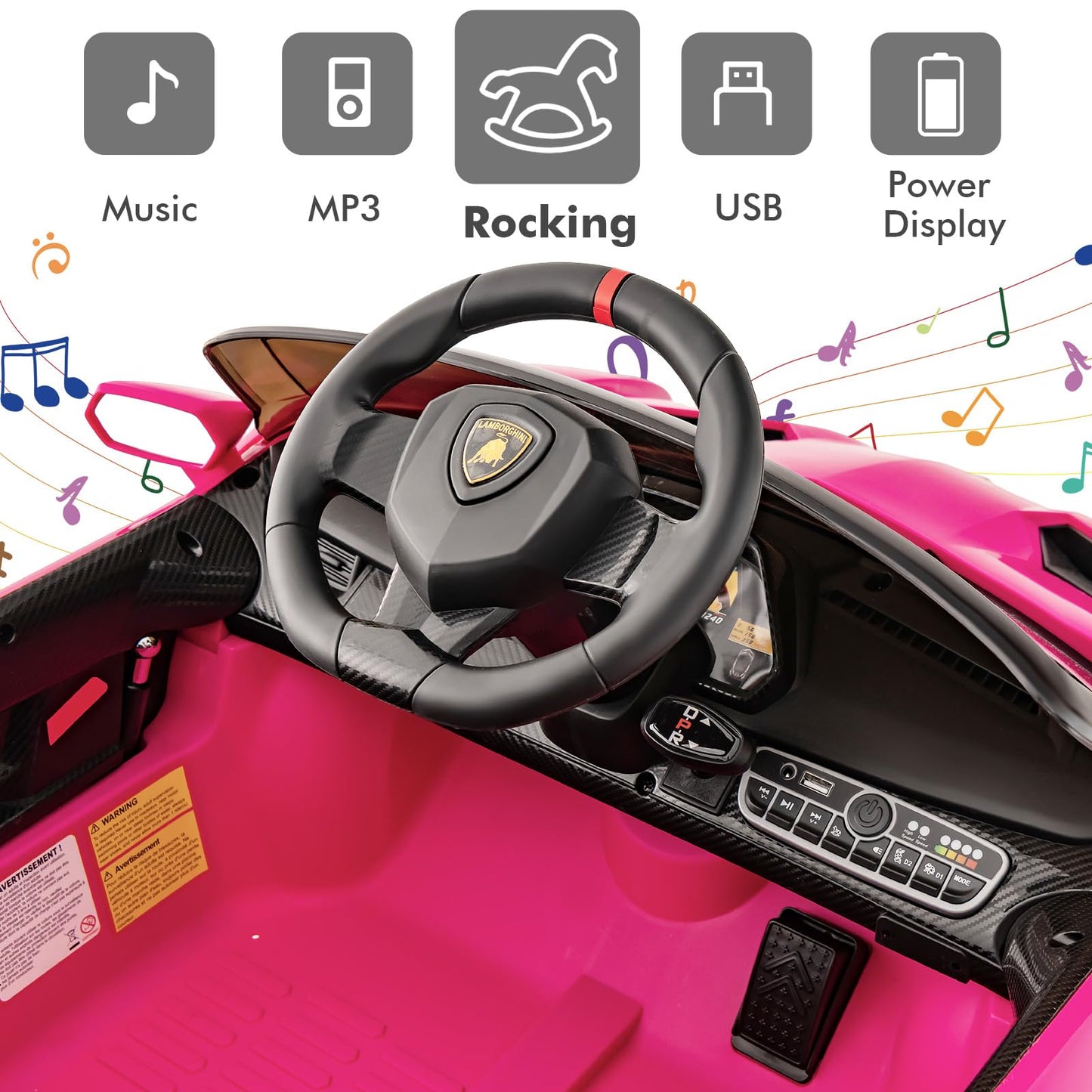 OLAKIDS 2 Seater Kids Ride On Car 12V 4WD Licensed Lamborghini Veneno Electric Vehicle with Remote Control Toddlers Battery Powered Toy Gift with 2 Speeds Rocking Mode Music USB MP3 (Pink)