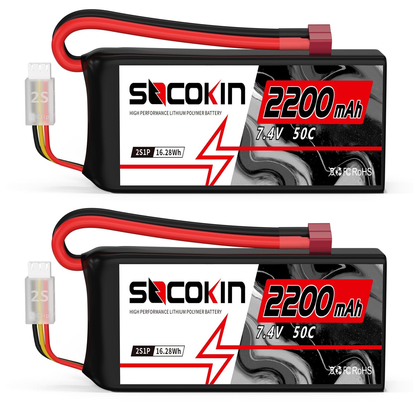 Socokin 2S Lipo Battery 7.4V 50C 2200mAh Batteries with T-Plug Connector Plug Shorty Soft Case Battery for FPV Drone Quadcopter