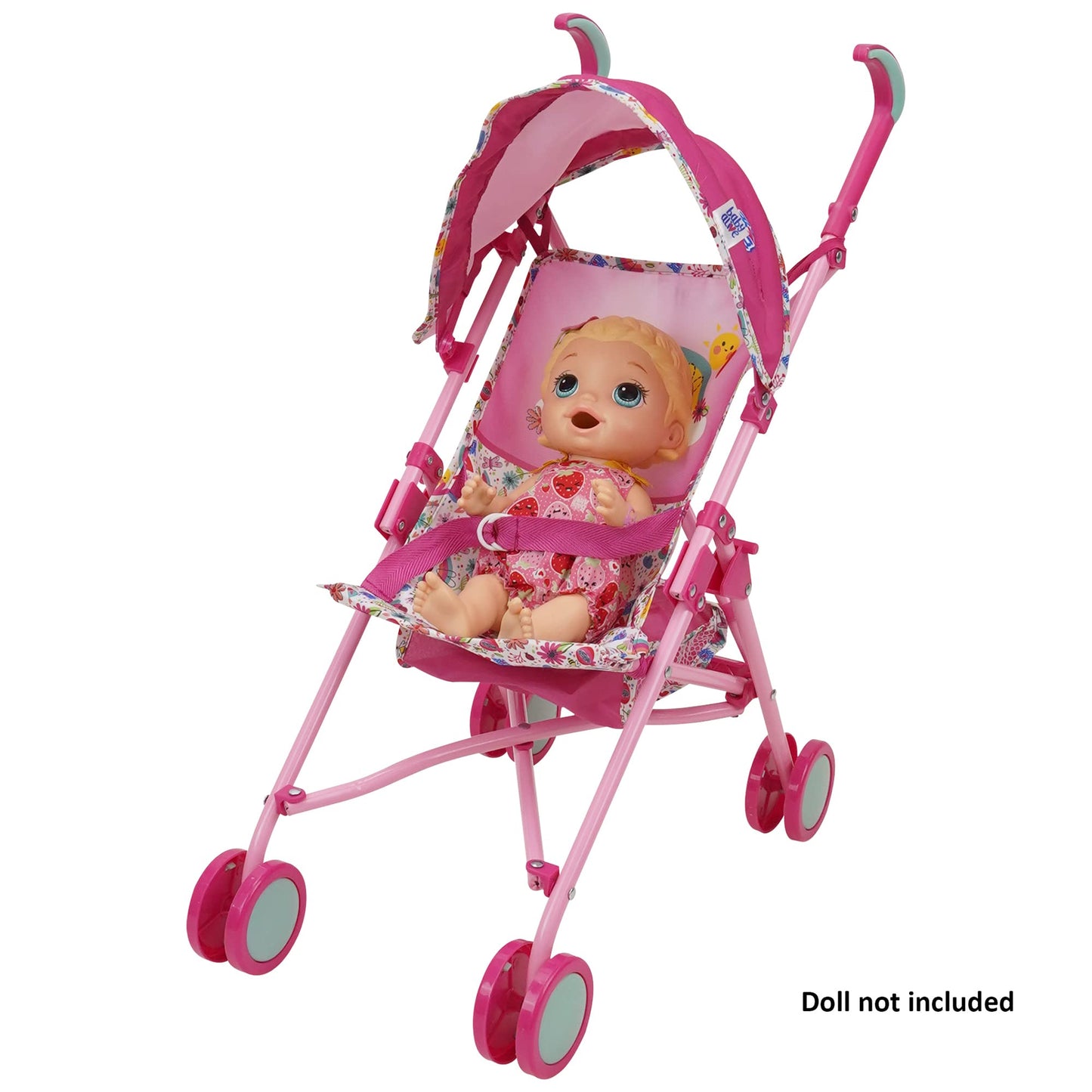 Baby Alive Doll Stroller - Pink & Rainbow - Fits Dolls Up to 24" - Retractable Canopy, Safety Harness - Model T709036
