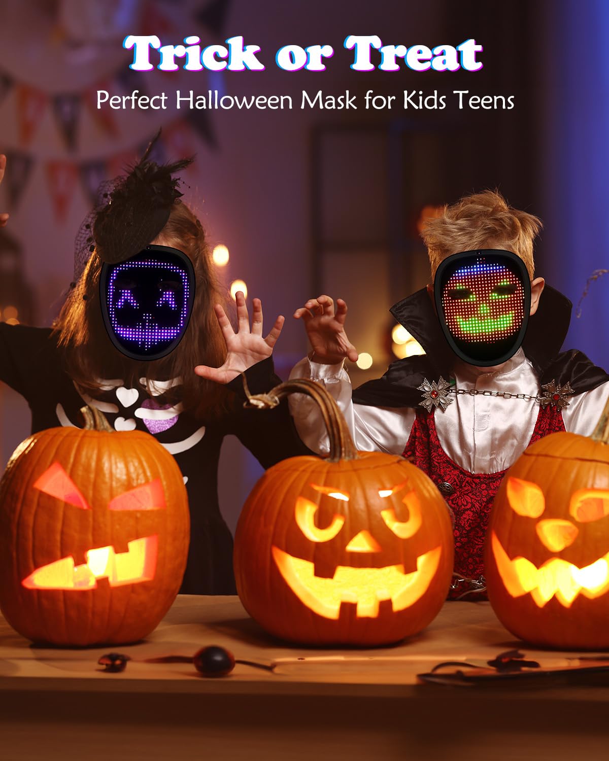 Envyvip Rechargeable LED Mask for Teen Boys & Girls, Gesture Control Halloween Costume Mask Kids Birthday Gifts, 30 Static + 40