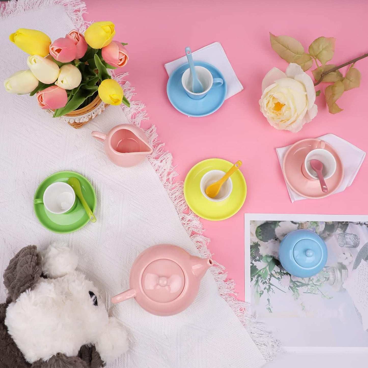 Porcelain Tea Party Set for Girls, PRE-WORLD Princess Tea Time Toy Including Teapot,Saucers,Teacups,Sugar Bowl,Creamer Pitcher,S