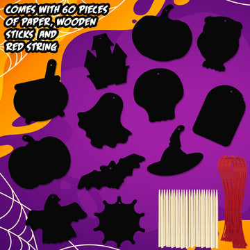 ArtCreativity Halloween Crafts (Bulk) - Scratch Art for Kids, 60 Sets with 60 Designs, 60 Sticks & Red Strings - Magic Colorful