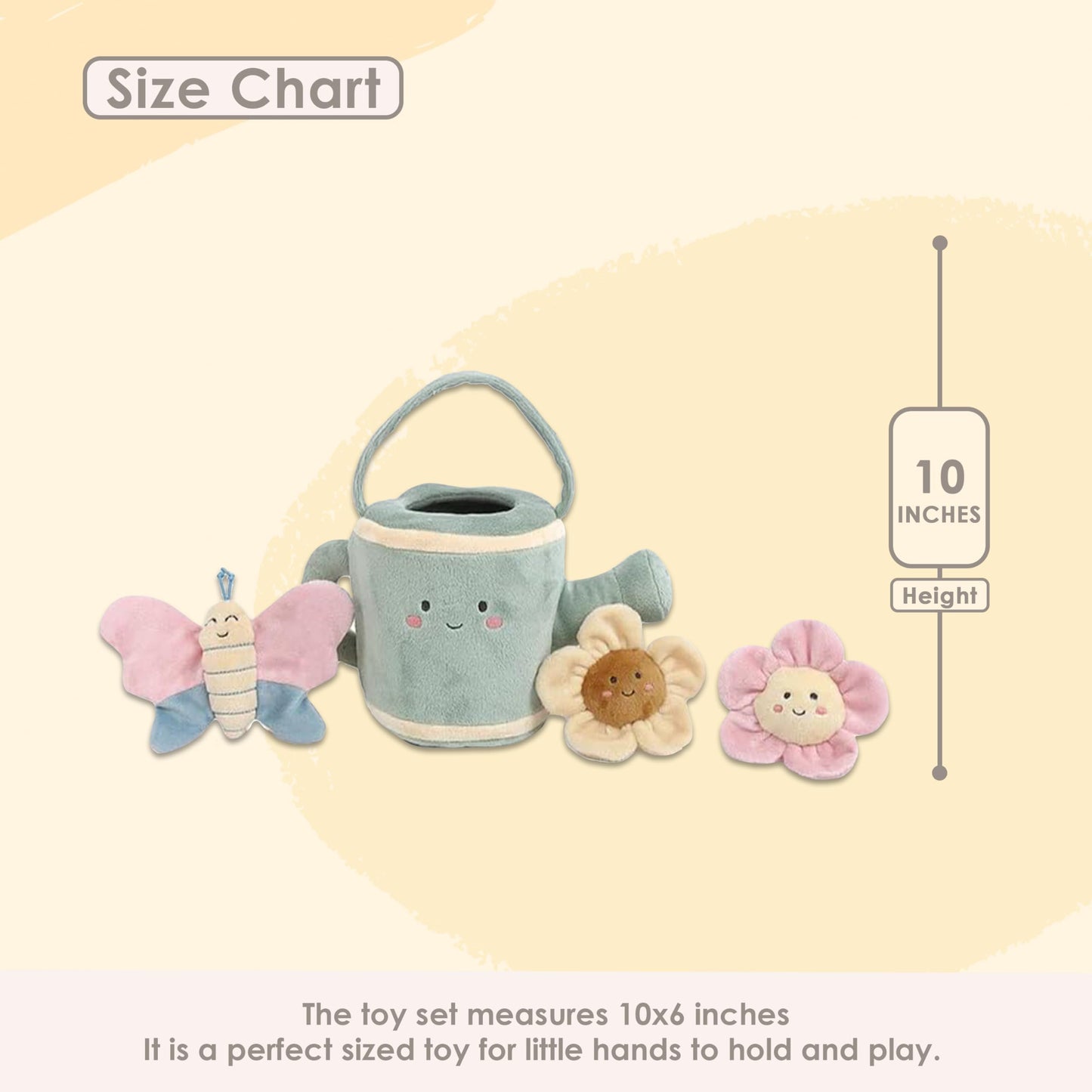 MON AMI Spring Watering Can Play Set with Rattles - 4 Pc Set, Stuffed Plush Gardening Set for Kids with Watering Can, 2 Pcs Flow