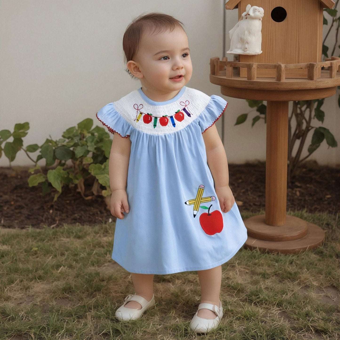 Toddler Girl Back To School Clothes Embroidery Smocked Dress Doll Collar Sundress First Day Of Pre Kindergarten Outfit (Fly Slee