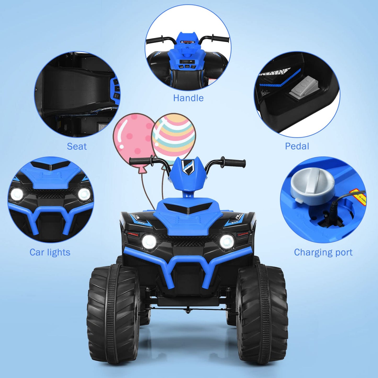 Olakids 12V Kids Ride On Atv, 4 Wheeler Electric Vehicle For Toddlers, Battery Powered Motorized Quad Toy Car For Boys Girls With Led Lights, Music, Horn, High Low Speed, Soft Start (Blue)