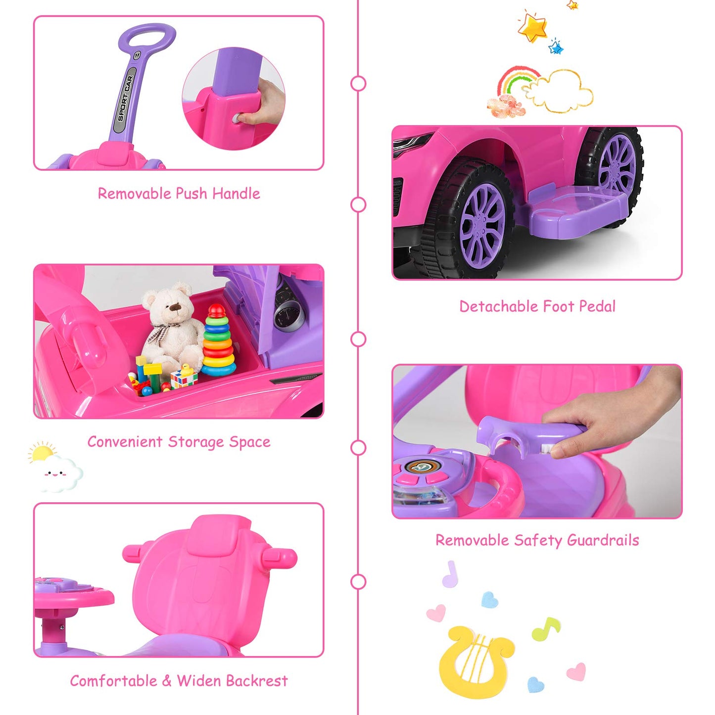 Honey Joy Ride On Push Car, Foot To Floor Ride On Sliding Car Push Handle & Detachable Guardrail, Sound & Lights, Under Seat Storage, Push Cars For Toddlers 1-3, Gift For Kids Boys Girls(Pink)