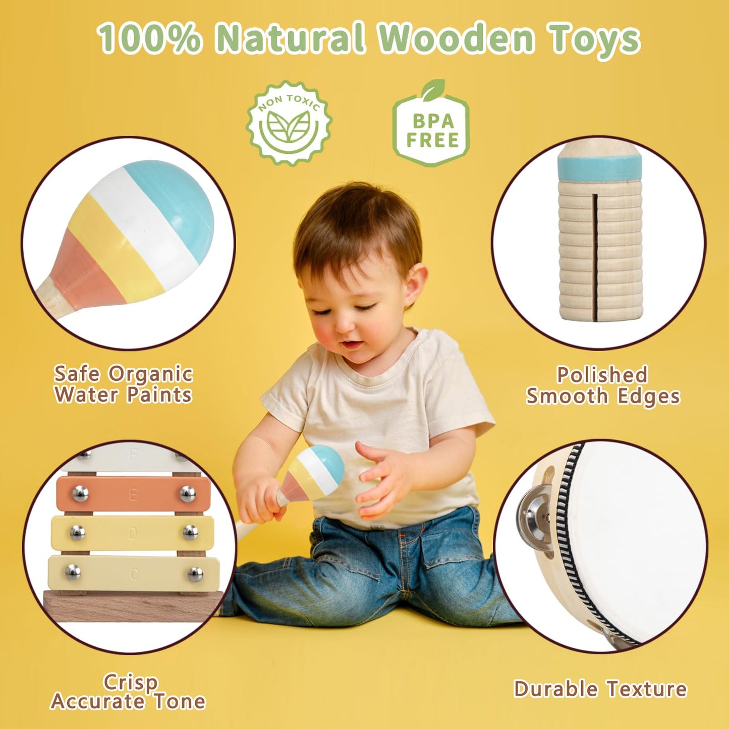Toddler Musical Instruments Set - Wooden Musical Toys For Toddlers 1-3 Years Old, Percussion Montessori Toys For 1 2 3 Year Old,