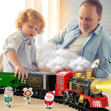 Kukufun Electric Train Set For Kids, 43 Pcs Classic Train Toys Sets For Boys Girls Steam Locomotive Engine, Lights & Sound, Trac