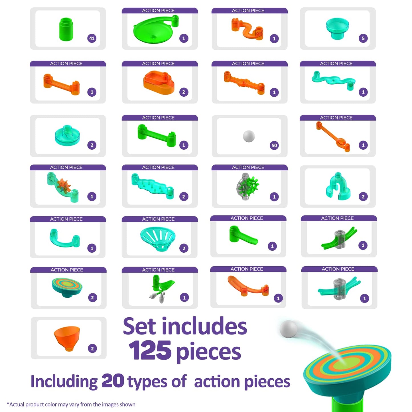 Marble Genius Marble Run Stunts Super Set: 125 Pieces Total, 20 Action Pieces Including 2 New Trampolines, Free Online App And Full-Color Instruction Booklet, Made For Ages 5 And Up
