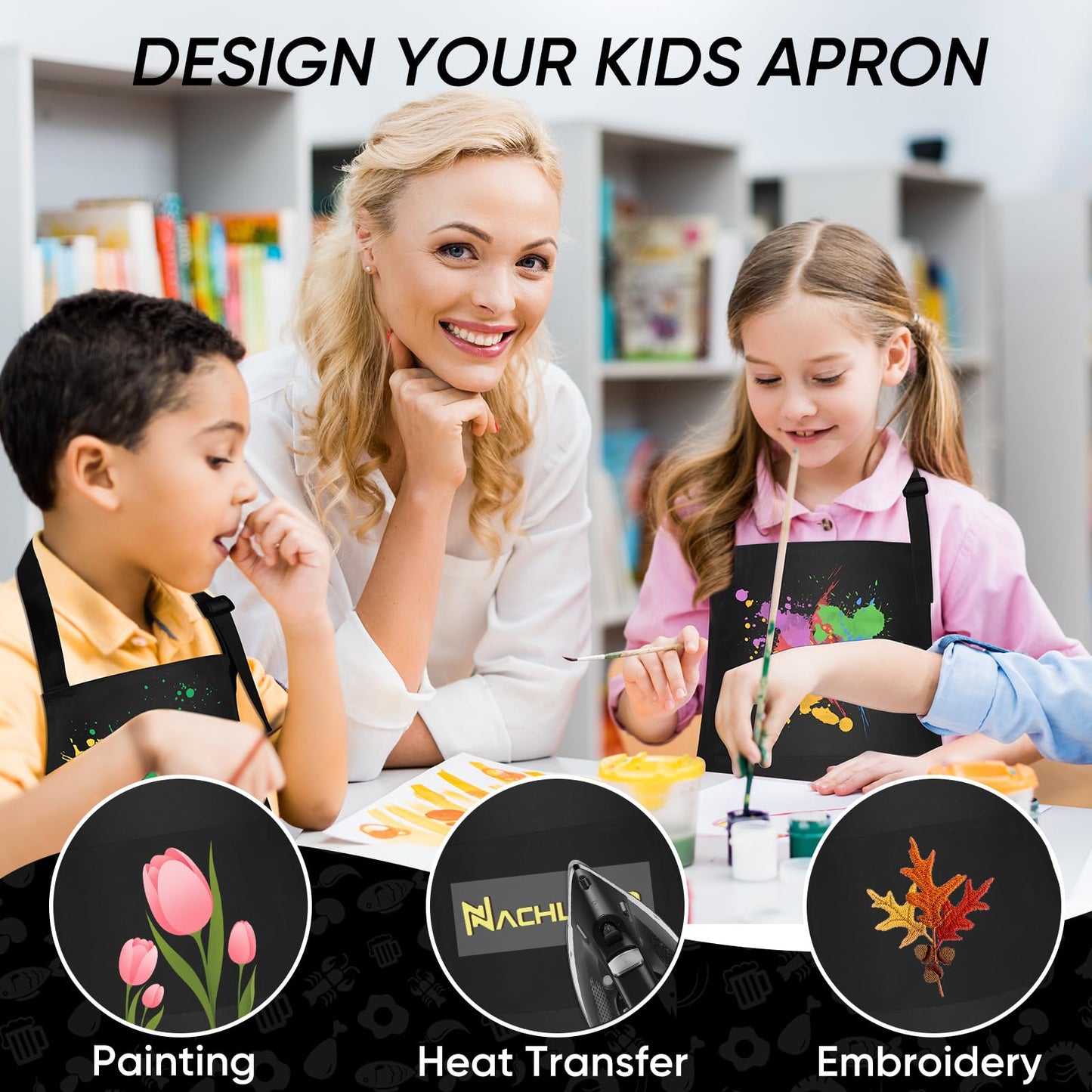 NACHLYNN 10 Pieces Kids Aprons Adjustable Toddler Apron with 2 Pockets for Kids Painting Cooking Baking Crafts Activity (Black)