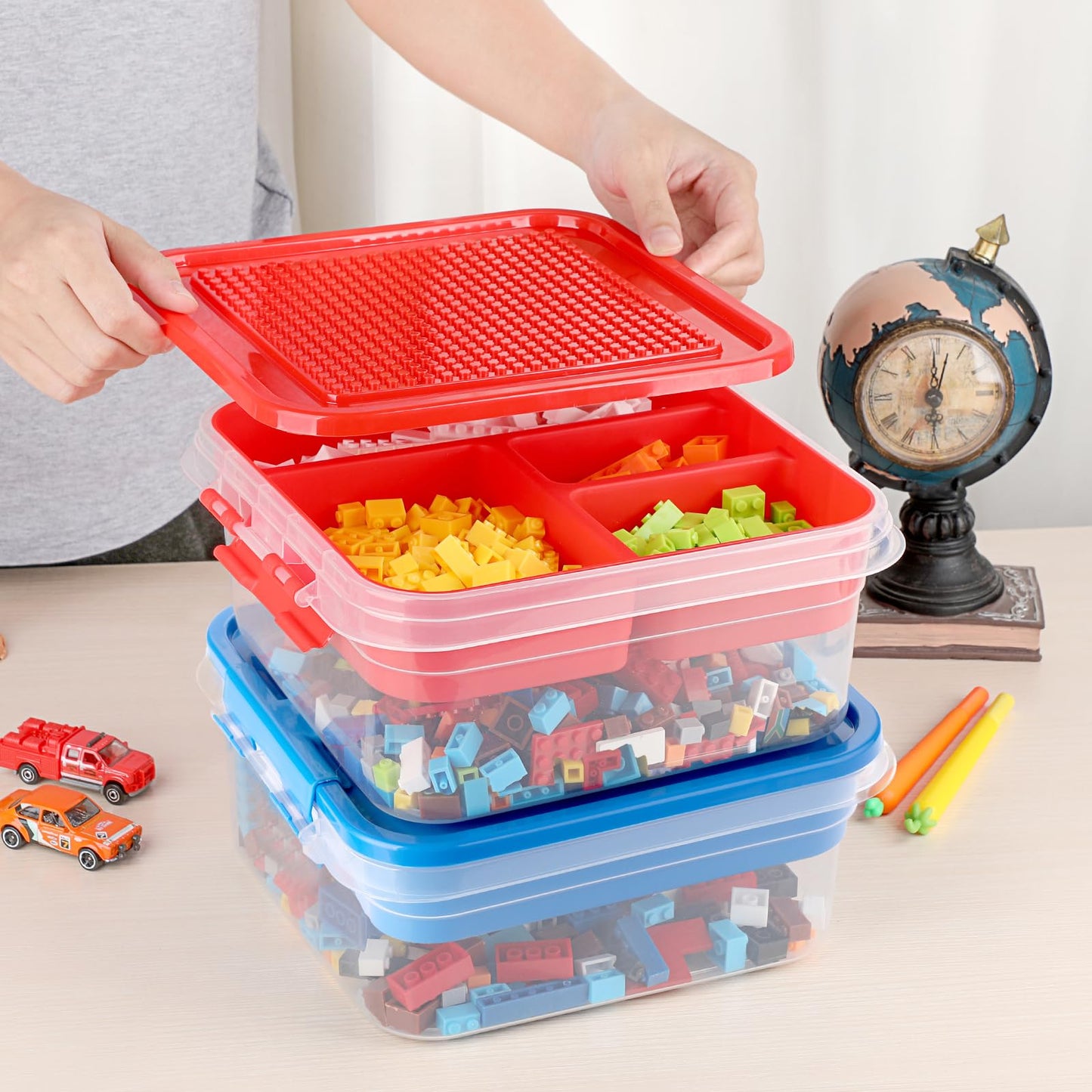 Oganazi Plastic Storage Container With Bricks Baseplate Lid For Building Blocks, Bricks Building Set Organization Bin With Compa