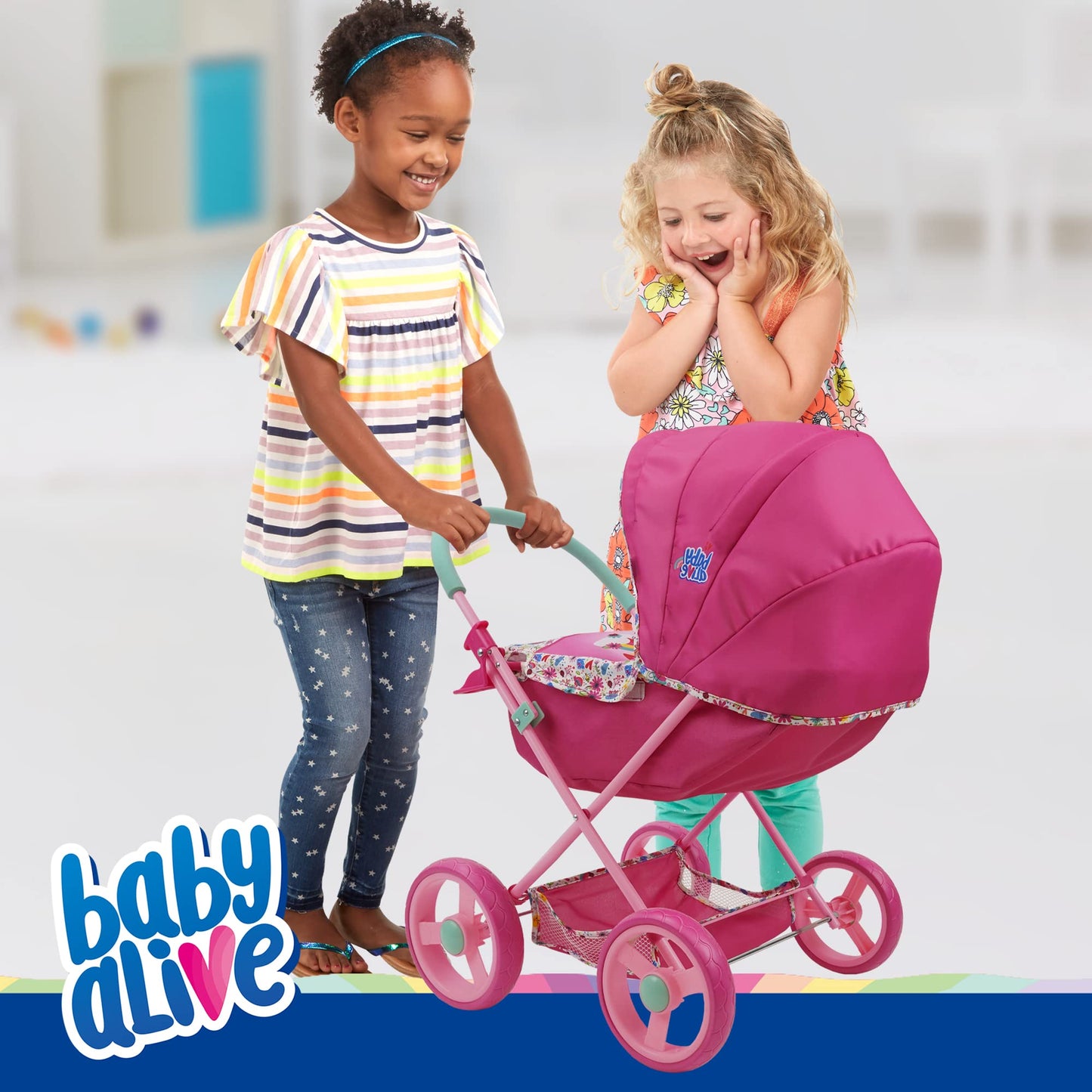 Baby Alive: Deluxe Classic Doll Pram - Pink & Rainbow - Includes Matching Handbag/Diaper Bag, Fits Dolls Up To 18', Large Canopy, Storage Basket & Bassinet, Pretend Play For Kids Ages 3+