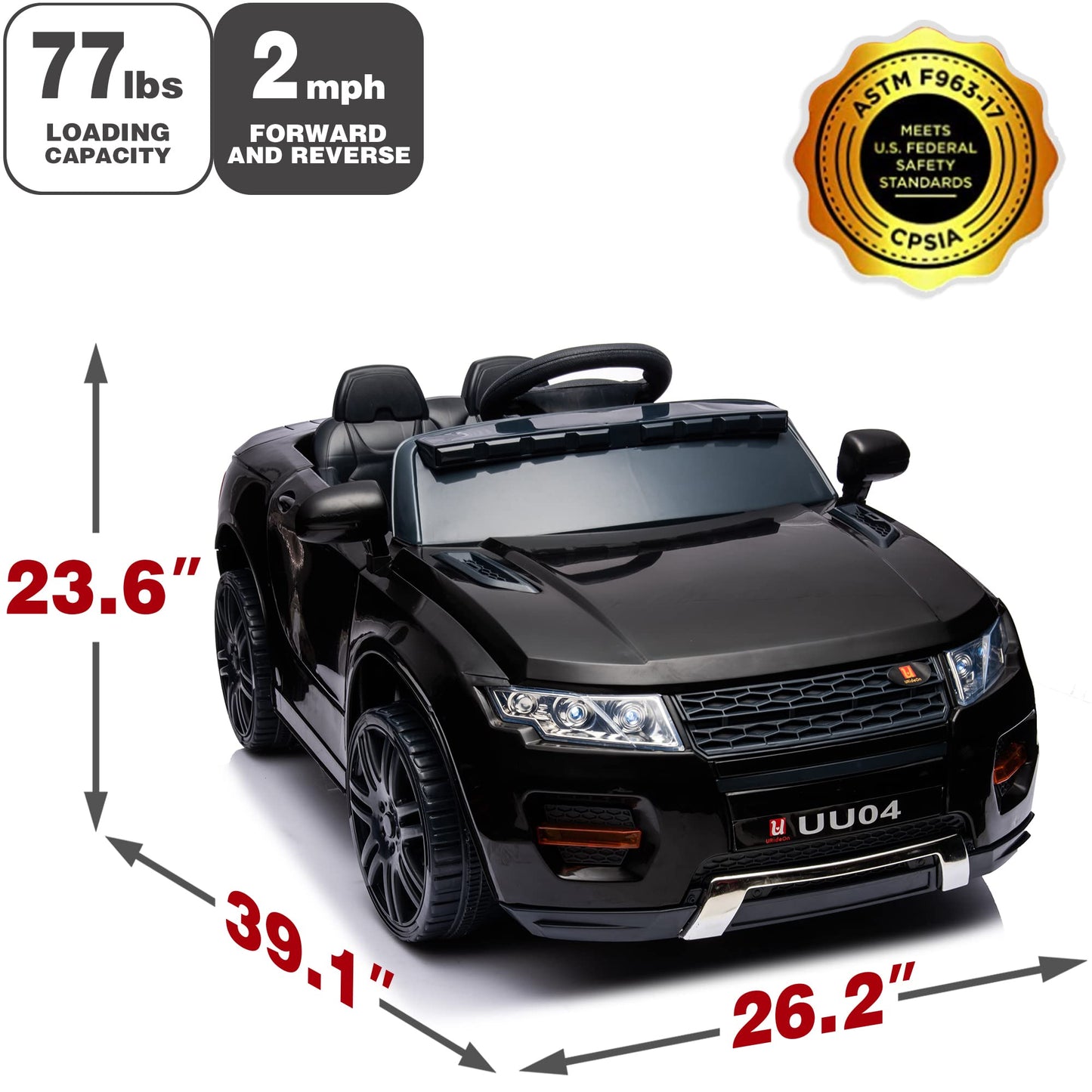 u URideon 12V Ride on Car, Battery Powered Electric Cars for Kids,Remote Control, Music,Black