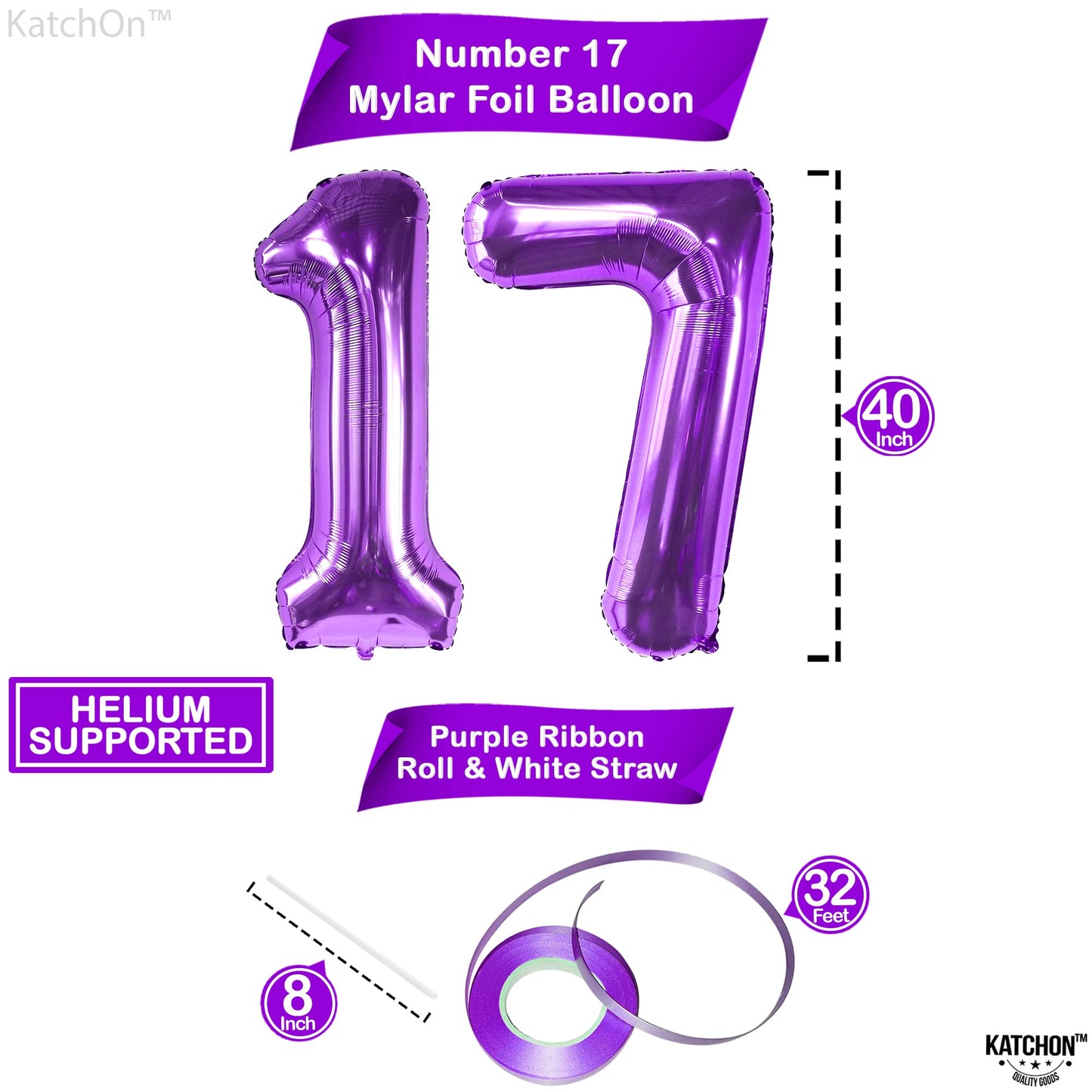 Katchon, Giant Purple 17 Balloon Numbers - 40 Inch | Happy 17Th Birthday Decorations, 17 Birthday Balloons | Number 17 Balloons For Happy Birthday Decorations | 17 Number Balloons