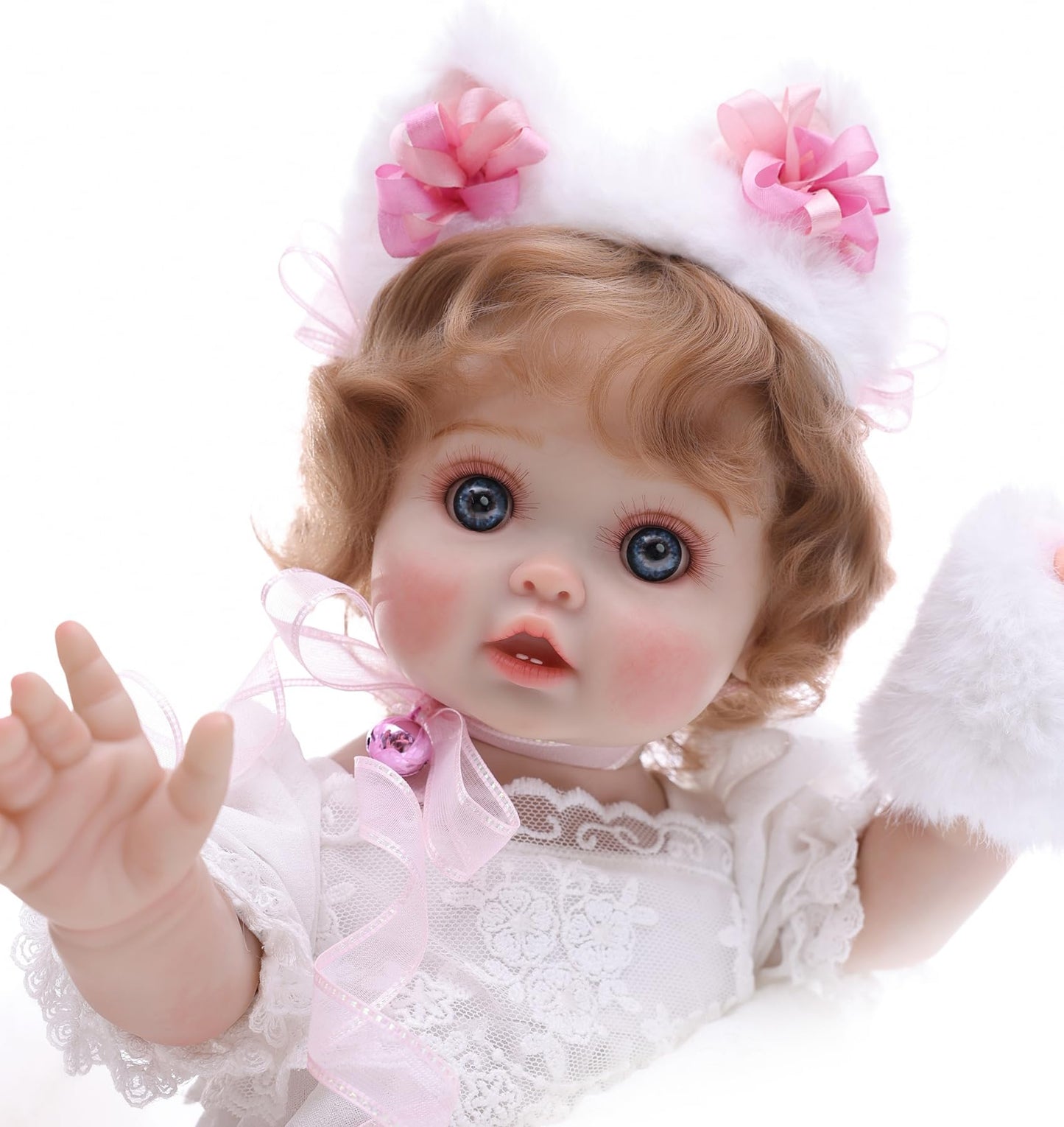 Cloveray Baby Doll 18 Inch Realistic Reborn Toddler Real Life Baby Dolls with White Lace Dress Magnetic Cat Nose Fluffy Paw Mitten & Tail enhanced Collectible Gift for 3+ Year Old Girls