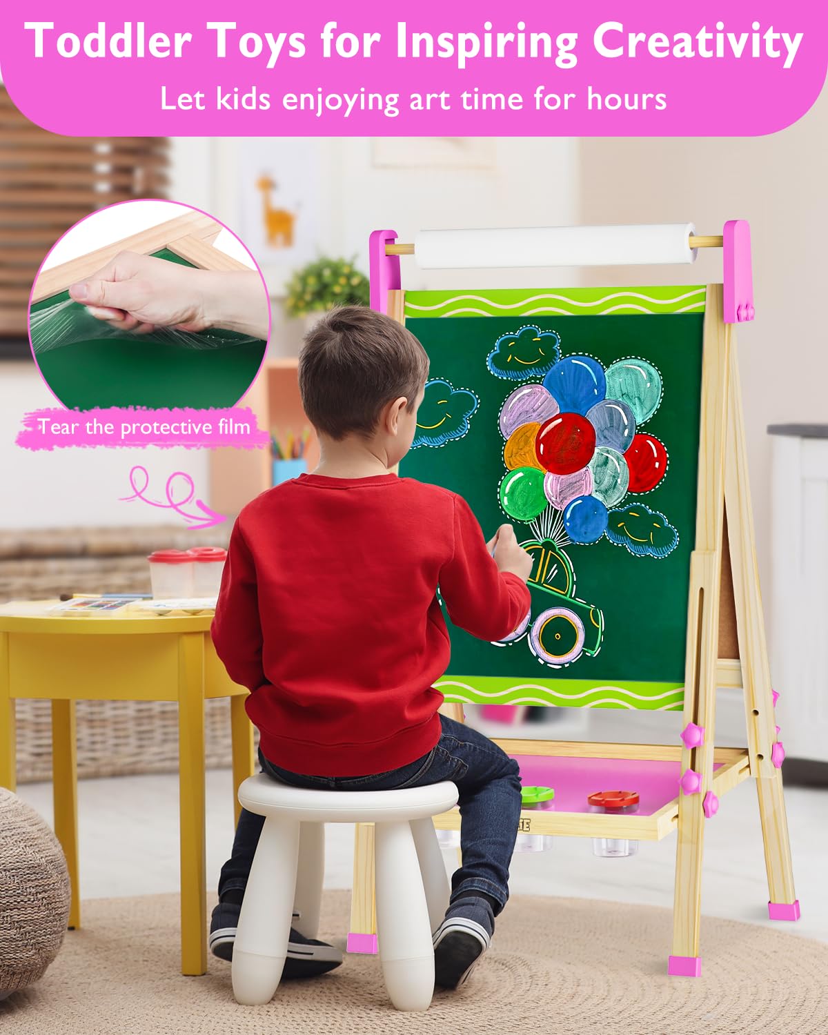 Easel for Kids,Toddler Art Easels for Painting, Stand Kids Easel White Board Dry Erase,Height Adjustable Double-Sided Magnetic W
