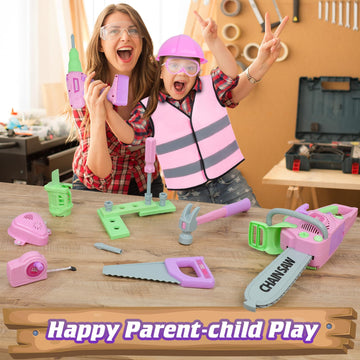 WishaLife Kids Tool Set for Girls - Toddler Tool Set with Toy Chainsaw, Drill, Pretend Play Construction Tools Toy Gift for Kids