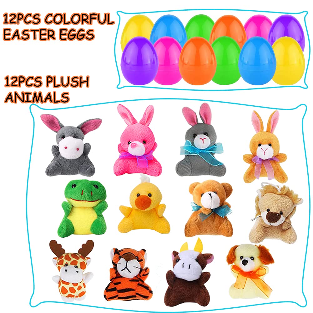 Camirus 12Pcs Easter Eggs Filled With Mini Plush Animal Toys, Cute Stuffed Animals Plush Keychain For Kids Easter Party Favors, Easter Basket Stuffers/Fillers, Egg Hunt