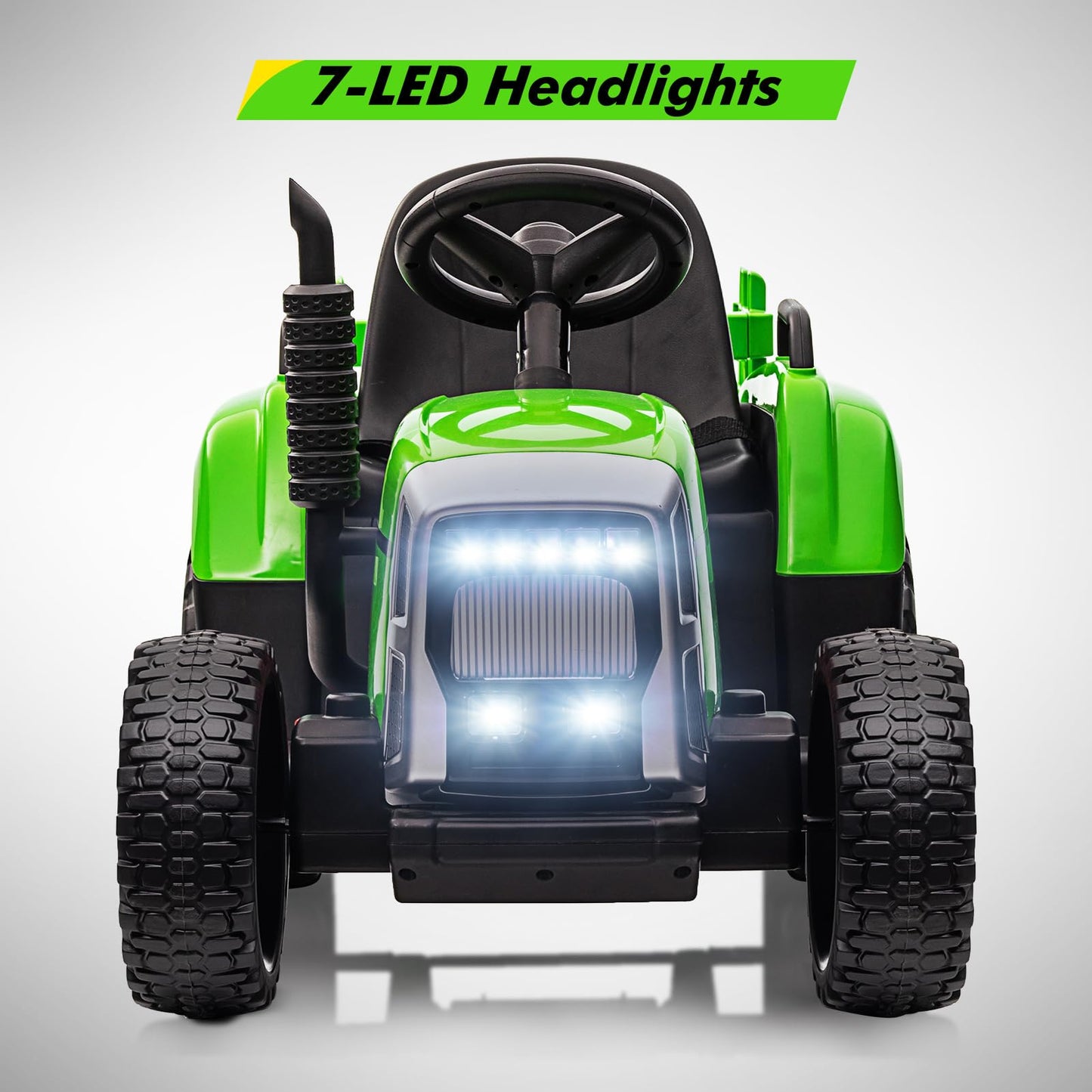 Kids Ride On Tractor With Green Trailer & Remote Control, 12V Toddler Battery Powered Electric Vehicle With Slow Start 7Led Headlights Usb Music Player 2+1 Gear Shift, Green Trailer, 35W/ Eva Tire