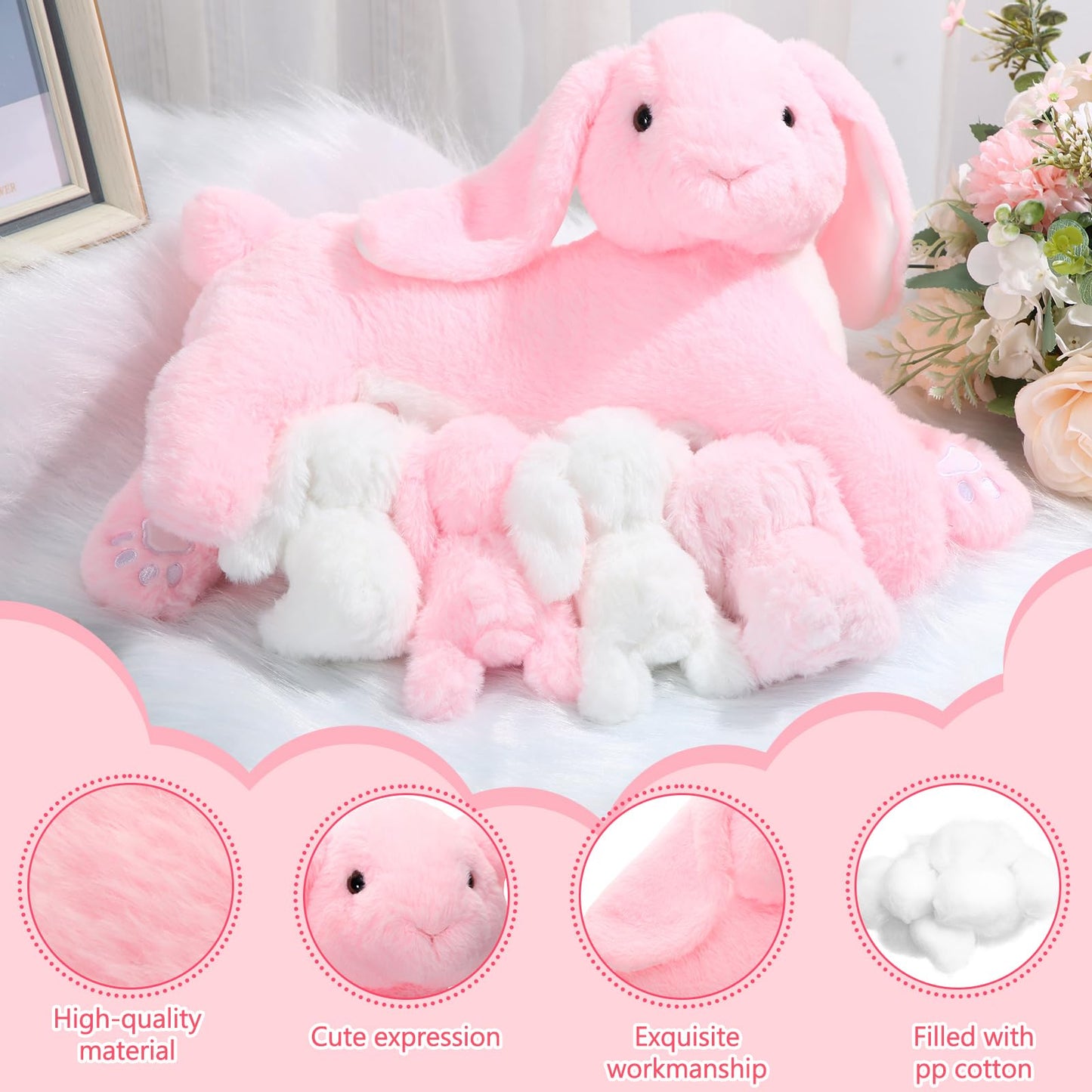 Libima 5 Pcs Nursing Bunny Plush Toys Pink 15 Inch Soft Mommy Stuffed Animals With 4 Magnetic Cuddly Baby Rabbits Stuffed Bunny