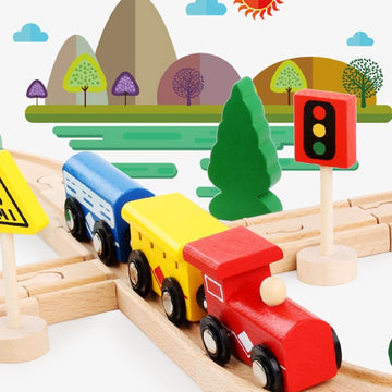 Wooden Train Tracks Toys For Toddler, 33 Pieces Magnetic Train With Wooden Tracks Fits For Thomas, Brio, Chuggington, Melissa An