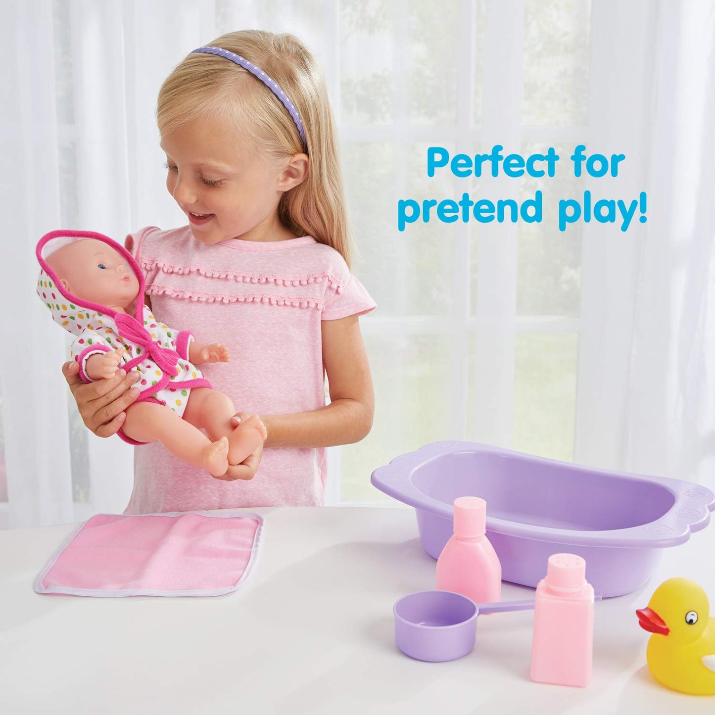 Kidoozie Bathtime Baby Doll Set, 12-Inch Rubber Doll with Bath Tub & Accessories, Pretend Play for Kids Ages 3+ (Model G02566)