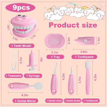 9-Piece Dental Pretend Play Set, Educational Dentist Play Kit With Teeth Model, Toothbrush, Dental Mirror, Syringe, Toothpaste,