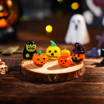H&D Hyaline & Dora Set Of 5 Blown Glass Pumpkin Figurines, Mini Cute Glass Spooky Pumpkin Handmade Glass Pumpkin For Halloween Carnival Party,Haunted House Tiered Tray Decor