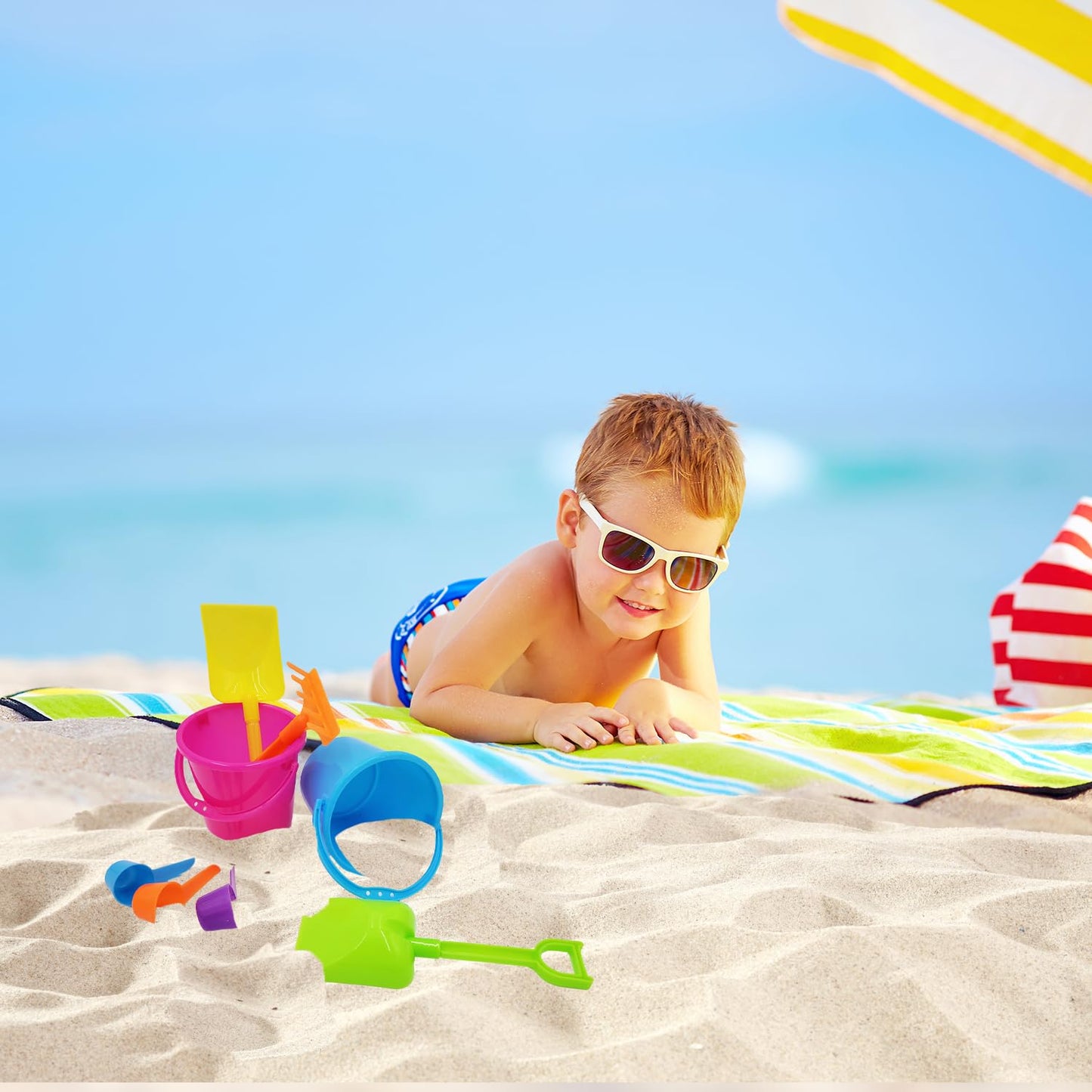 The Dreidel Company Mini Beach Playsets, Play Set Includes 1 Sand Bucket, 1 Shovel, 1 Rake, and 1 Scoop, Birthday Treats for Boy