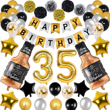 Naninuneno 35Th Gold Birthday Decorations, Gold Black Silver Happy Birthday Balloons Supplies For Boy Men Girl Women, 35 Birthda