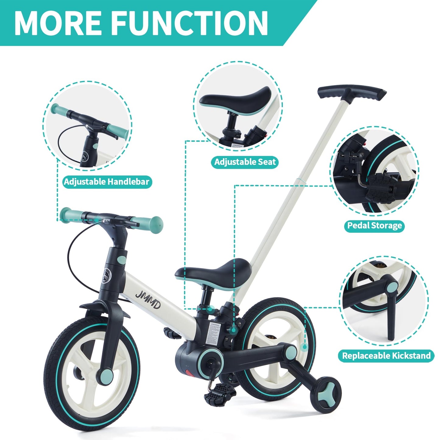 Jmmd Toddler Bike With Push Handle For Kids 18-60 Months, 6 In 1 Push Bike With Training Wheels & Pedals, Balance Bike For Boys And Girls With Brakes & Kickstand, Mint