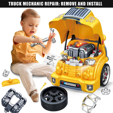 MUGEYMYD Large Truck Engine Toy - Take Apart Motor Vehicle with Light & Sound, ABS, Yellow, Model D001-1 for Kids 3-5