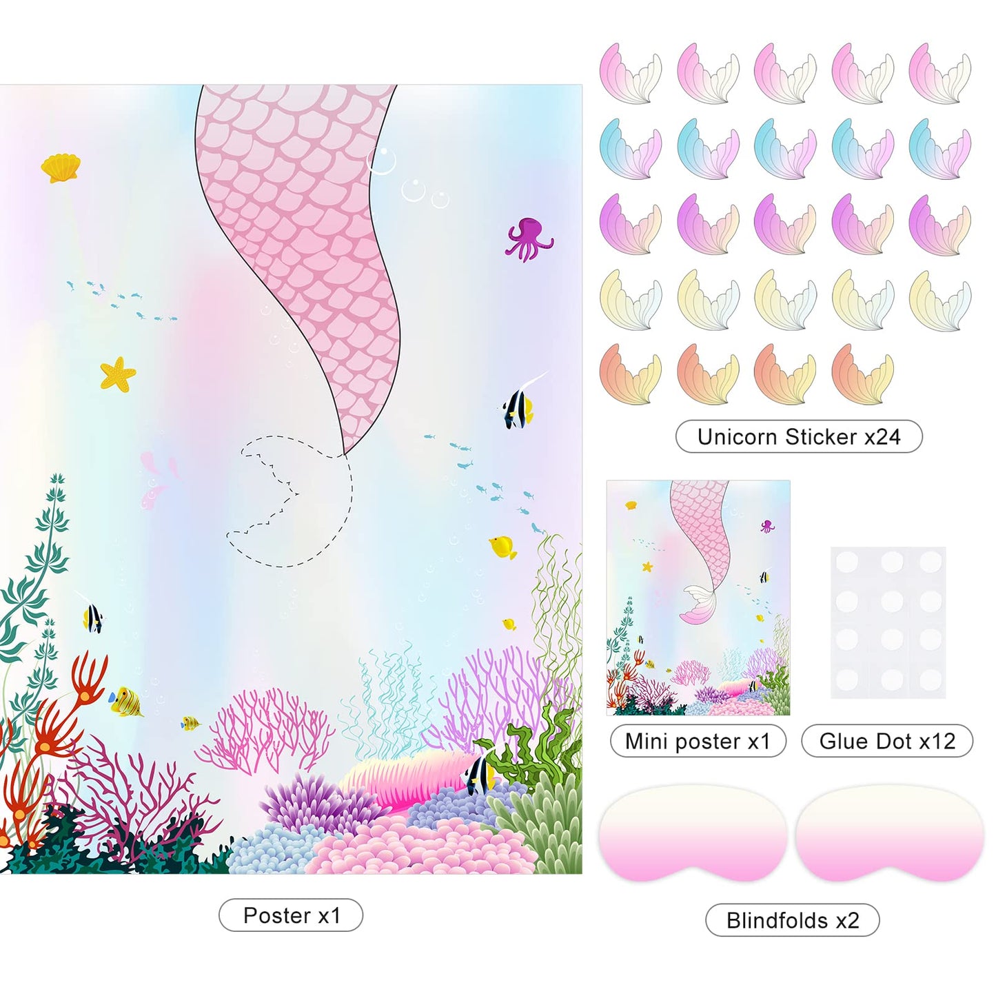 Astaron Pin The Tail On The Mermaid Game For Kids Birthday Party, Mermaid Party Game With 24 Pcs Tail Stickers Birthday Party Supplies For Wall Home Room Decorations