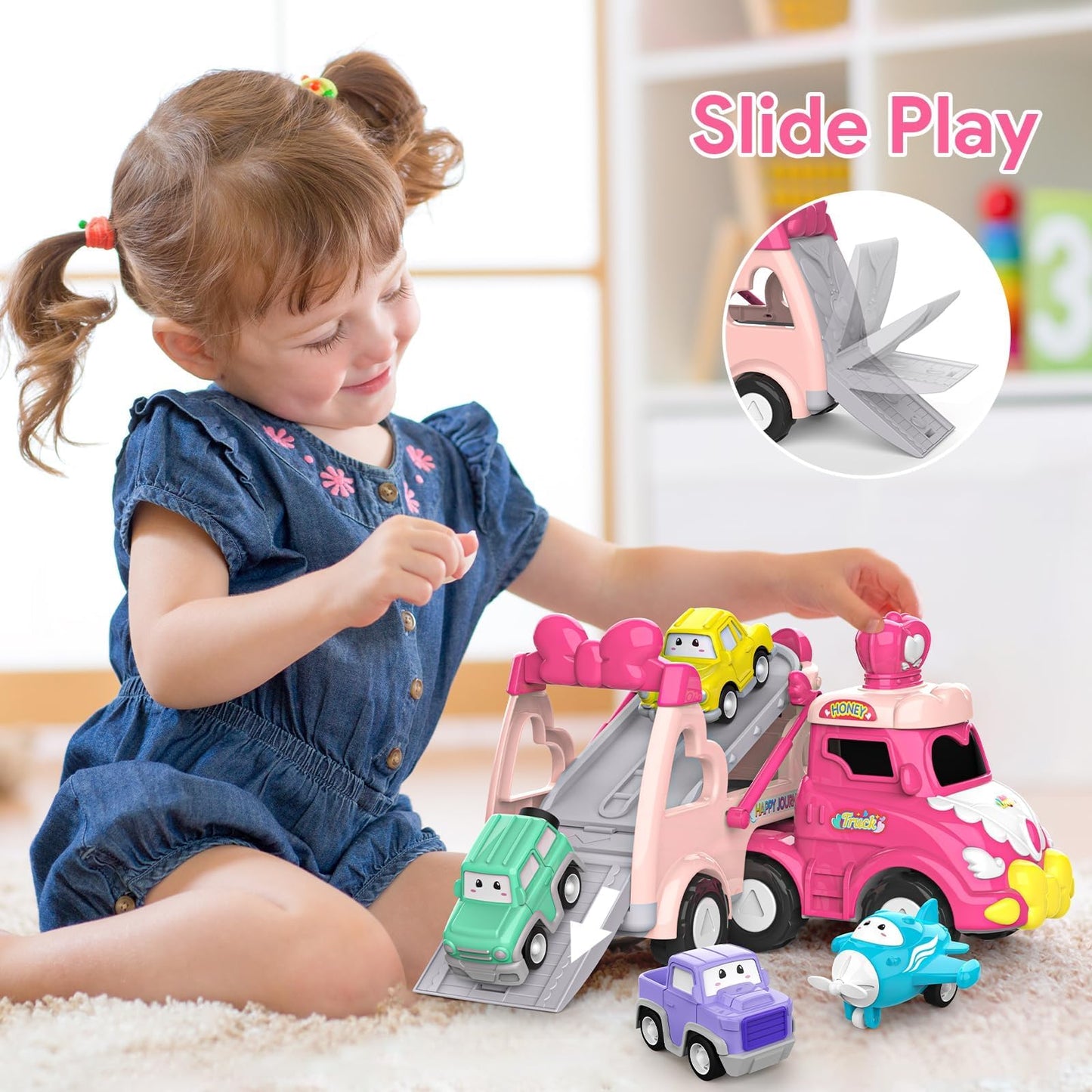 Toddler Car Toys for 1 2 3 4 Year Old Girl Birthday Gift, 5 in 1 Pink Princess Transport Carrier Trucks for Girls Age 1-2 3-4 wi