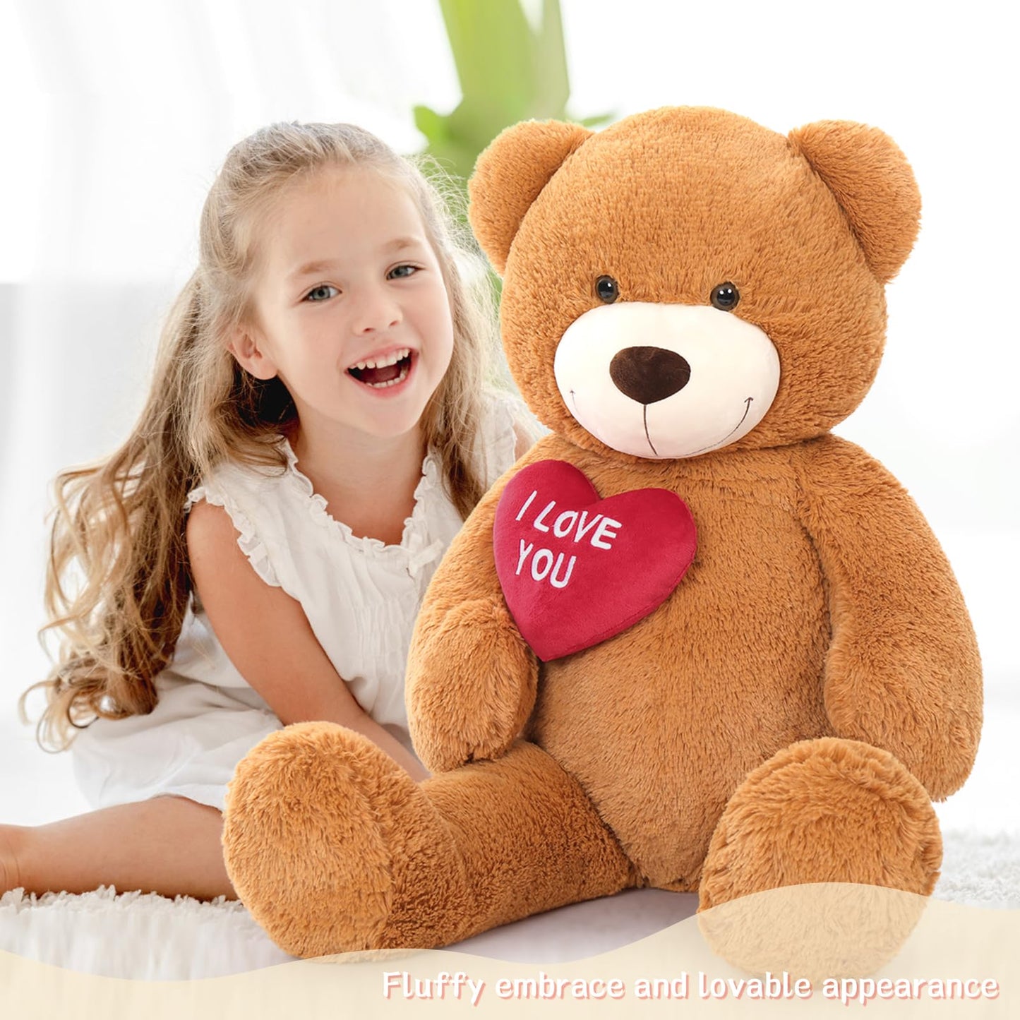 Beniny Red Heart Giant Teddy Bears, Big Teddy Bear Stuffed Animals With Embroidered I Love You For Girlfriend, Valentines Fluffy